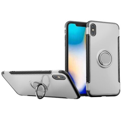 Műanyag hátlapvédő telefontok (szilikon keret, asztali tartó funkció, telefontartó gyűrű, beépített fémlemez, karbon minta) Ezüst [Apple iPhone XS Max 6.5]