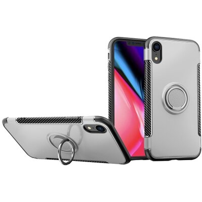 Műanyag hátlapvédő telefontok (szilikon keret, asztali tartó funkció, telefontartó gyűrű, beépített fémlemez, karbon minta) Ezüst [Apple iPhone XR 6.1]