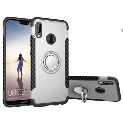 Műanyag hátlapvédő telefontok (szilikon keret, asztali tartó funkció, telefontartó gyűrű, beépített fémlemez, karbon minta) Ezüst [Huawei P20 Lite]