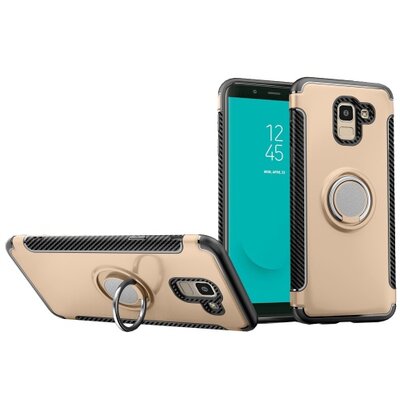 Műanyag hátlapvédő telefontok (szilikon keret, asztali tartó funkció, telefontartó gyűrű, beépített fémlemez, karbon minta) Arany [Samsung Galaxy J6 (2018) J600F]