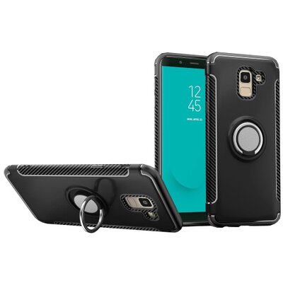 Műanyag hátlapvédő telefontok (szilikon keret, asztali tartó funkció, telefontartó gyűrű, beépített fémlemez, karbon minta) Fekete [Samsung Galaxy J6 (2018) J600F]