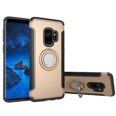 Műanyag hátlapvédő telefontok (szilikon keret, asztali tartó funkció, telefontartó gyűrű, beépített fémlemez, karbon minta) Arany [Samsung Galaxy S9 (SM-G960)]