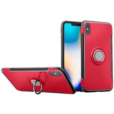 Műanyag hátlapvédő telefontok (szilikon keret, asztali tartó funkció, telefontartó gyűrű, beépített fémlemez, karbon minta) Piros [Apple iPhone XS Max 6.5]