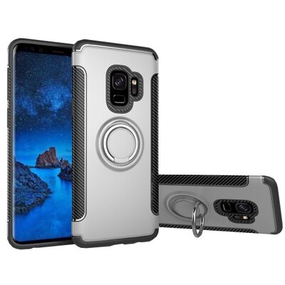 Műanyag hátlapvédő telefontok (szilikon keret, asztali tartó funkció, telefontartó gyűrű, beépített fémlemez, karbon minta) Ezüst [Samsung Galaxy S9 (SM-G960)]