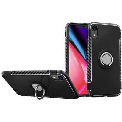 Műanyag hátlapvédő telefontok (szilikon keret, asztali tartó funkció, telefontartó gyűrű, beépített fémlemez, karbon minta) Fekete [Apple iPhone XR 6.1]