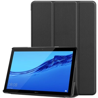Tablet védőtok álló, bőr (FLIP, oldalra nyíló, TRIFOLD asztali tartó funkció) FEKETE [Huawei Mediapad T5 10 LTE, Huawei Mediapad T5 10 WIFI]