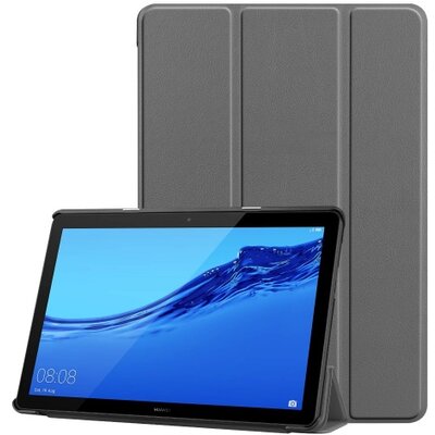 Tablet védőtok álló, bőr (FLIP, oldalra nyíló, TRIFOLD asztali tartó funkció) SZÜRKE [Huawei Mediapad T5 10 LTE, Huawei Mediapad T5 10 WIFI]