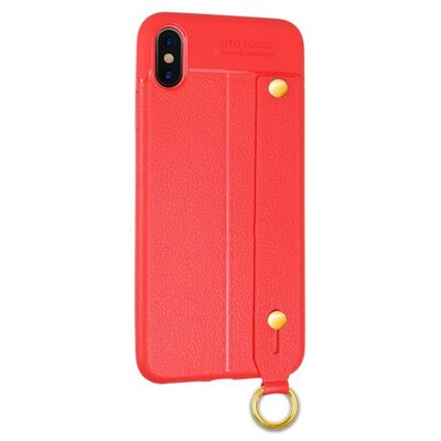 Hátlapvédő telefontok gumi / szilikon (közepesen ütésálló, bőrhatás, varrás minta, kézi tartópánt) Piros [Apple iPhone X 5.8, Apple iPhone XS 5.8]