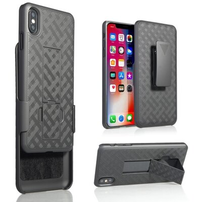 Defender műanyag hátlapvédő telefontok (közepesen ütésálló, asztali tartó, 360° védelem, övcsipesz, rácsminta) Fekete [Apple iPhone XS Max 6.5]