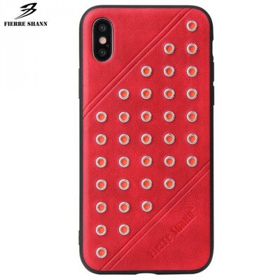FIERRE SHANN műanyag hátlapvédő telefontok (bőr hátlap, szegecses) Piros [Apple iPhone X 5.8, Apple iPhone XS 5.8]