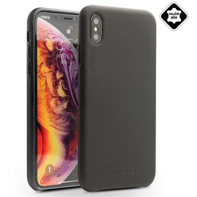QIALINO műanyag hátlapvédő telefontok (valódi bőrbevonat, sima felületű) Fekete [Apple iPhone XS Max 6.5]