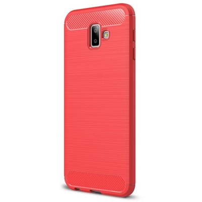 Hátlapvédő telefontok gumi / szilikon (közepesen ütésálló, légpárnás sarok, szálcsiszolt, karbonminta) Piros [Samsung Galaxy J6+ Plus (J610F)]