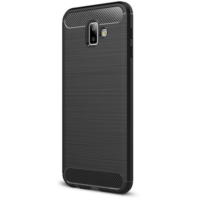 Hátlapvédő telefontok gumi / szilikon (közepesen ütésálló, légpárnás sarok, szálcsiszolt, karbonminta) Fekete [Samsung Galaxy J6+ Plus (J610F)]