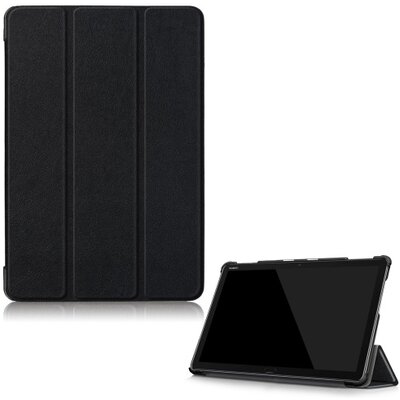 Tablet védőtok álló, bőr (aktív flip, oldalra nyíló, TRIFOLD asztali tartó funkció) FEKETE [Huawei Mediapad M5 10.1 Lite LTE, Huawei Mediapad M5 10.1 Lite WIFI]