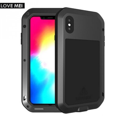 LOVE MEI Powerful defender elő- és hátlapvédő telefontok, gumi (ütésálló, Gorilla Glass üveg, fém keret) Fekete [Apple iPhone XS Max 6.5]
