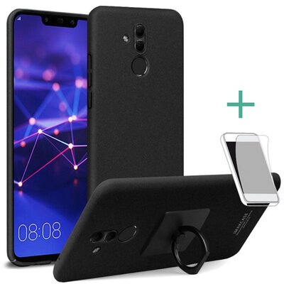 IMAK műanyag hátlapvédő telefontok (gumírozott, telefontartó gyűrű, 360°-ban forgatható, kijelzővédő fólia) Fekete [Huawei Mate 20 Lite]