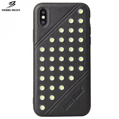 FIERRE SHANN műanyag hátlapvédő telefontok (bőr hátlap, szegecses) Fekete [Apple iPhone X 5.8, Apple iPhone XS 5.8]
