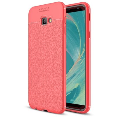 Hátlapvédő telefontok gumi / szilikon (közepesen ütésálló, bőrhatás, varrás minta) Piros [Samsung Galaxy J4+ Plus (J415F)]