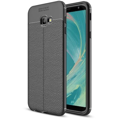 Hátlapvédő telefontok gumi / szilikon (közepesen ütésálló, bőrhatás, varrás minta) Fekete [Samsung Galaxy J4+ Plus (J415F)]
