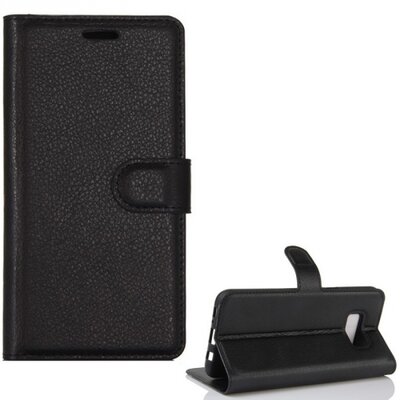 Telefontok álló, bőr hatású (flip, oldalra nyíló, asztali tartó funkció, prémium) fekete [Samsung Galaxy S8 (SM-G950)]
