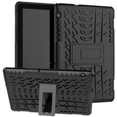 Defender műanyag hátlapvédő tablet tok (közepesen ütésálló, gumi / szilikon belső, kitámasztó, autógumi minta), Fekete [Huawei Mediapad T5 10 LTE, Huawei Mediapad T5 10 WIFI]