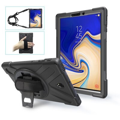 Műanyag Tablet védőtok (kézpánt, közepesen ütésálló, kitámasztó, 360°-ban forgatható, vállra akasztható), Fekete [Samsung Galaxy Tab S4 10.5 LTE (SM-T835), Samsung Galaxy Tab S4 10.5 WIFI (SM-T830)]