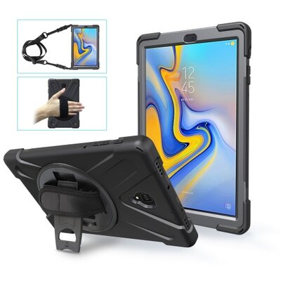 Műanyag Tablet védőtok (kézpánt, közepesen ütésálló, kitámasztó, 360°-ban forgatható, vállra akasztható), Fekete [Samsung Galaxy Tab A 10.5 LTE (2018) SM-T595, Samsung Galaxy Tab A 10.5 WIFI (2018) SM-T590]