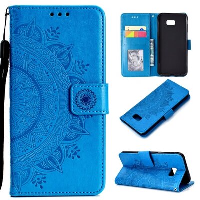 Telefontok álló, bőr hatású (flip, oldalra nyíló, asztali tartó funkció, csuklópánt, mandala minta) Kék [Samsung Galaxy J4+ Plus (J415F)]