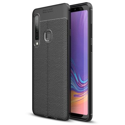 Hátlapvédő telefontok gumi / szilikon (közepesen ütésálló, bőrhatás, varrás minta) Fekete [Samsung Galaxy A9 (2018) SM-A920]