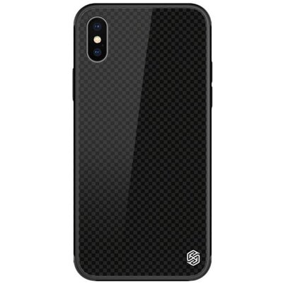 Nillkin Tempered Plaid hátlapvédő telefontok szilikon keret (BUMPER, edzett üveg hátlap, 2.5D, négyzet minta) Fekete [Apple iPhone XS Max 6.5]