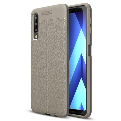 Hátlapvédő telefontok gumi / szilikon (közepesen ütésálló, bőrhatás, varrás minta) Szürke [Samsung Galaxy A7 (2018) SM-A750F]