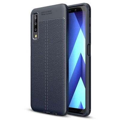 Hátlapvédő telefontok gumi / szilikon (közepesen ütésálló, bőrhatás, varrás minta) SötétKék [Samsung Galaxy A7 (2018) SM-A750F]