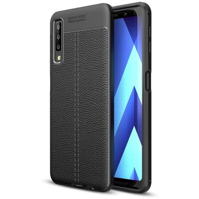 Hátlapvédő telefontok gumi / szilikon (közepesen ütésálló, bőrhatás, varrás minta) Fekete [Samsung Galaxy A7 (2018) SM-A750F]