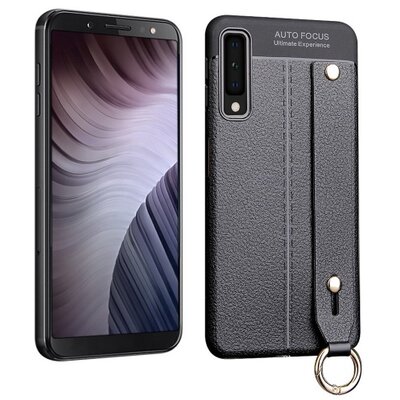 Hátlapvédő telefontok gumi / szilikon (kézpánt, közepesen ütésálló, asztali tartó funkció, bőrhatás, varrás minta) Fekete [Samsung Galaxy A7 (2018) SM-A750F]