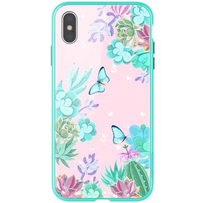 Nillkin Floral hátlapvédő telefontok szilikon keret (BUMPER, közepesen ütésálló, edzett üveg hátlap, pillangó, virágminta) Többszínű [Apple iPhone XS Max 6.5]