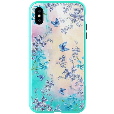 Nillkin Blossom hátlapvédő telefontok szilikon keret (BUMPER, közepesen ütésálló, edzett üveg hátlap, pillangó, virágminta) Kék [Apple iPhone XS Max 6.5]