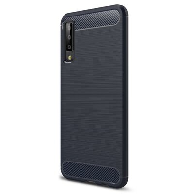 Hátlapvédő telefontok gumi / szilikon (közepesen ütésálló, légpárnás sarok, szálcsiszolt, karbonminta) SötétKék [Samsung Galaxy A7 (2018) SM-A750F]