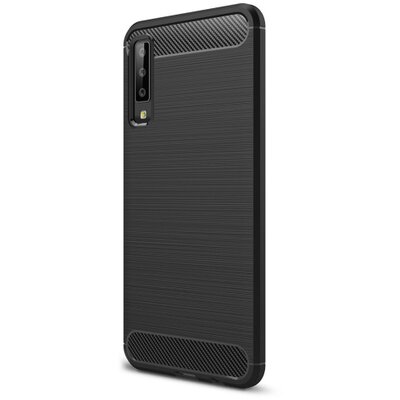 Hátlapvédő telefontok gumi / szilikon (közepesen ütésálló, légpárnás sarok, szálcsiszolt, karbonminta) Fekete [Samsung Galaxy A7 (2018) SM-A750F]