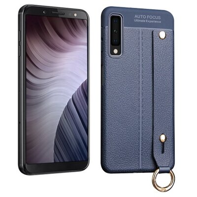 Hátlapvédő telefontok gumi / szilikon (kézpánt, közepesen ütésálló, asztali tartó funkció, bőrhatás, varrás minta) SötétKék [Samsung Galaxy A7 (2018) SM-A750F]