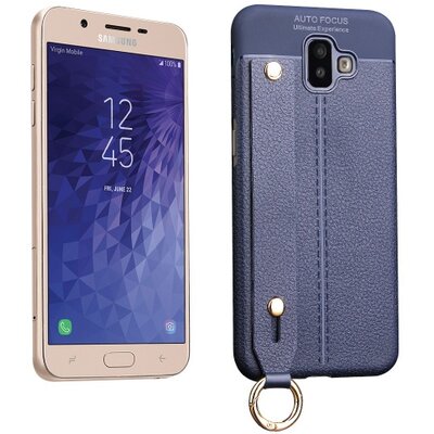 Hátlapvédő telefontok gumi / szilikon (kézpánt, közepesen ütésálló, asztali tartó funkció, bőrhatás, varrás minta) SötétKék [Samsung Galaxy J6+ Plus (J610F)]