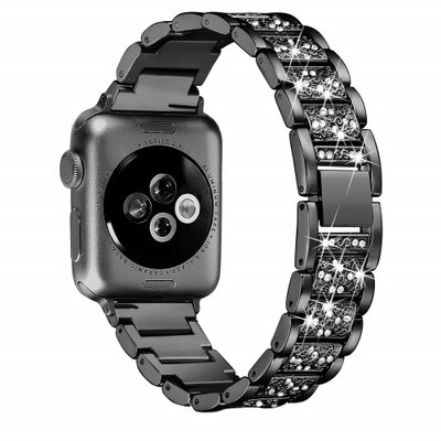 Okosóra pótszíj (rozsdamentes acél, speciális pillangó csat, strasszkő), fekete - Apple Watch Series 1 / 2 / 3 / 4 38mm / 40mm