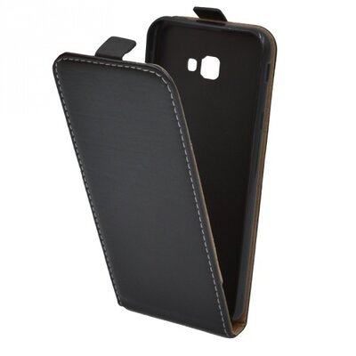 Telefontok álló, bőr hatású (flip, lefelé nyíló, szilikon tartó) Fekete [Samsung Galaxy J4+ Plus (J415F)]