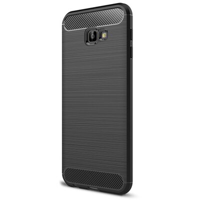 Hátlapvédő telefontok gumi / szilikon (közepesen ütésálló, légpárnás sarok, szálcsiszolt, karbonminta) Fekete [Samsung Galaxy J4+ Plus (J415F)]