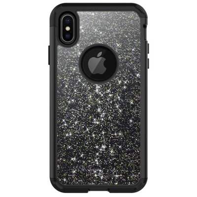 Defender műanyag hátlapvédő telefontok (gumi / szilikon belső, közepesen ütésálló, flitteres, logó kivágás) Fekete [Apple iPhone XS Max 6.5]
