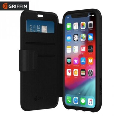 Griffin GIP-019-BLK Műanyag telefontok SURVIVOR WALLET (bőr hatású flip, 1.2 méterig ütésálló, oldalra nyíló, bankkártya tartó) Fekete [Apple iPhone XR 6.1]