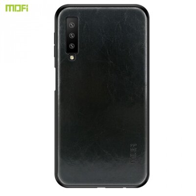 MOFI műanyag hátlapvédő telefontok (szilikon keret, bőr hátlap) Fekete [Samsung Galaxy A7 (2018) SM-A750F]