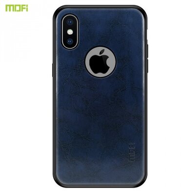 MOFI műanyag hátlapvédő telefontok (szilikon keret, bőr hátlap, logó kivágás) SötétKék [Apple iPhone X 5.8, Apple iPhone XS 5.8]