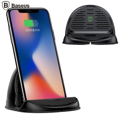 BASEUS asztali töltő állvány (vezeték nélküli töltés, QI Wireless, 10W, ventillátor, gyorstöltés támogatás), Fekete [Alcatel 3 (OT-5052), Apple iPhone 8 4.7, Apple iPhone 8 Plus 5.5, Apple iPhone X 5.8]