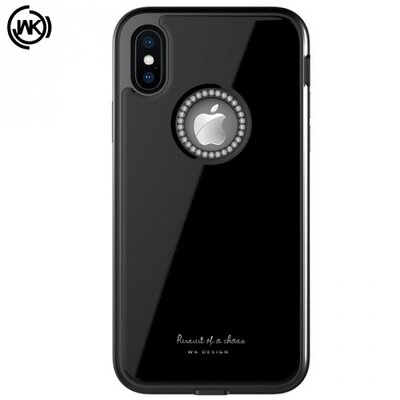 WK GINSTONE műanyag hátlapvédő telefontok (közepesen ütésálló, üveg hátlap, strasszkő, logó kivágás) Fekete [Apple iPhone X 5.8, Apple iPhone XS 5.8]
