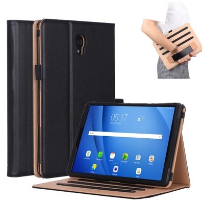 Tablet védőtok álló, bőr (FLIP, oldalra nyíló, asztali tartó funkció, kézi tartópánt), Fekete [Samsung Galaxy Tab A 10.5 LTE (2018) SM-T595, Samsung Galaxy Tab A 10.5 WIFI (2018) SM-T590]